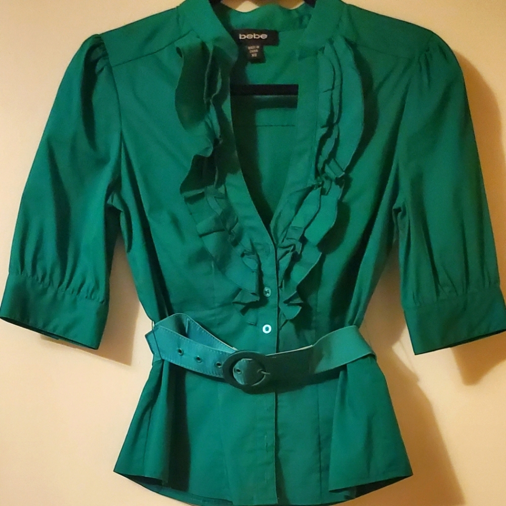 Bebe ruffle blouse, XS, Green